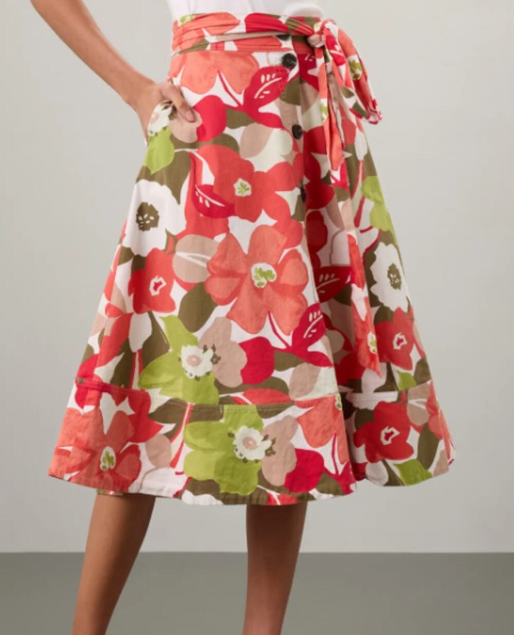Natori Anemone Garden Belt Tie Waist Pink & White Floral A-Line Midi Skirt Large